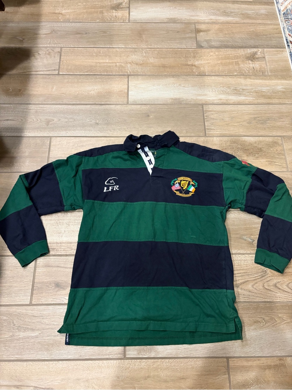 Vintage Silky Sullivan Live for Rugby Shirt Green Navy Stripe Irish Crest Size S